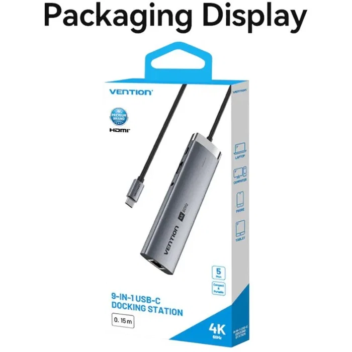 Vention Hub USB-C 3.2 TG-VHB, 2x USB-A, 1x USB-C PD, 1x USB-C, RJ45, Lector Tarjetas, Jack 3.5mm, HDMI, 15cm